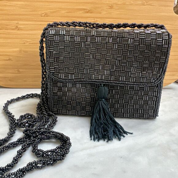 Cache Beaded Gray Evening Shoulder Bag‎ Tassle EUC - Picture 1 of 8